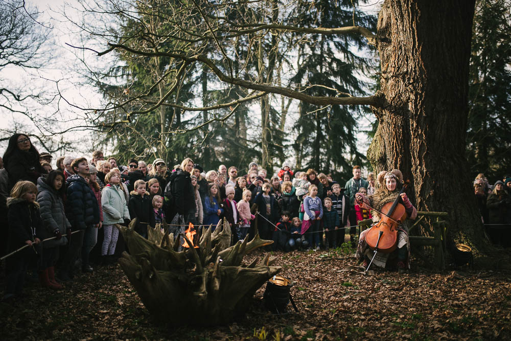 A photo of a person outside sitting beneath an old tree, wearing some large ram like horns. The person is playing a cello as an audience looks on. In the fore ground there is a large upturned root stump with a fire pot inside it.